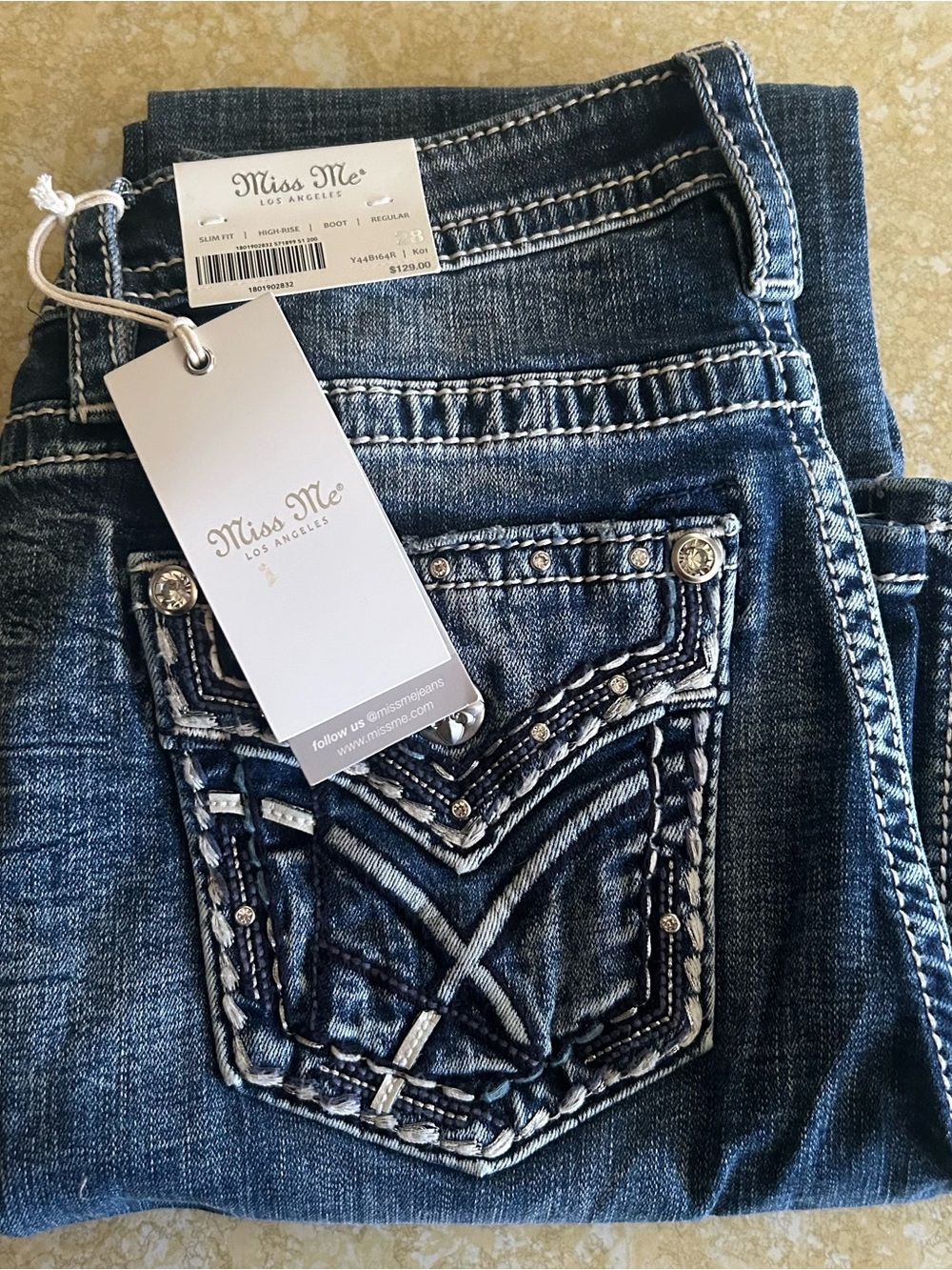 Miss Me Dark Blue Boot Cut, High Rise Slim Jeans, Embroidered Rhinestone Pocket